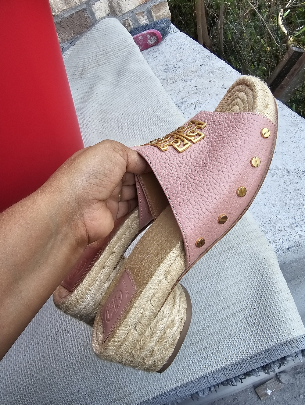 Tory Burch Dusty Pink Leather Espadrille Slide with Gold Logo - Picture 3 of 9